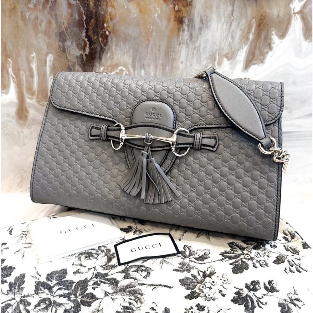 Gucci Emily Gray Micro Guccisima Horsebit Medium Flap Chain Bag